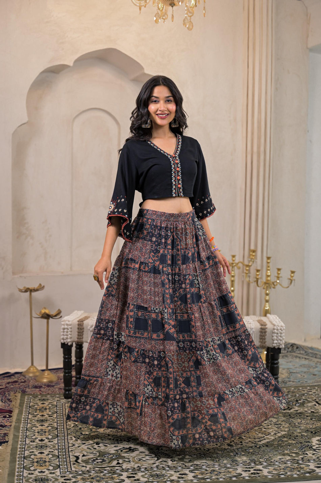 Juniper Black Mirror Work Crop Top With Printed Flared Skirt Set