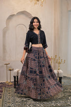 Juniper Black Mirror Work Crop Top With Printed Flared Skirt Set