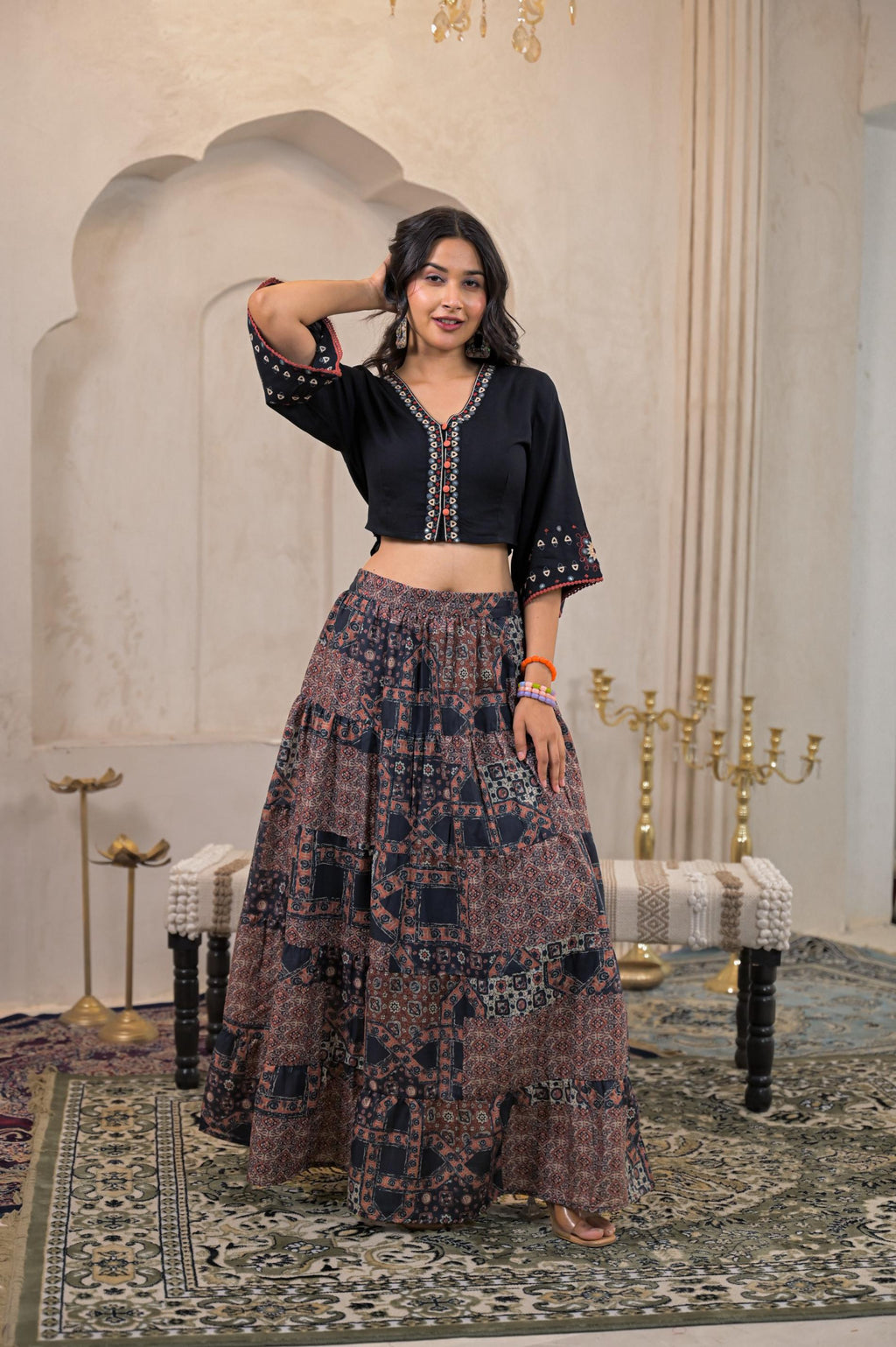 Juniper Black Mirror Work Crop Top With Printed Flared Skirt Set