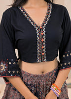 Juniper Black Mirror Work Crop Top With Printed Flared Skirt Set