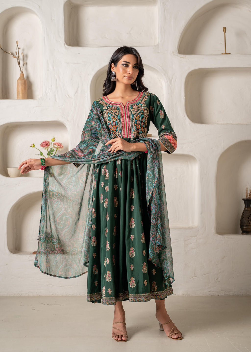 Juniper Jade Green Ethnic Motif Embroidered Fit & Flared Kurta Dupatta Set With Zari & Mirror Work - Distacart