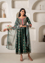 Juniper Jade Green Ethnic Motif Embroidered Fit & Flared Kurta Dupatta Set With Zari & Mirror Work - Distacart