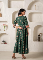 Juniper Jade Green Ethnic Motif Embroidered Fit & Flared Kurta Dupatta Set With Zari & Mirror Work - Distacart