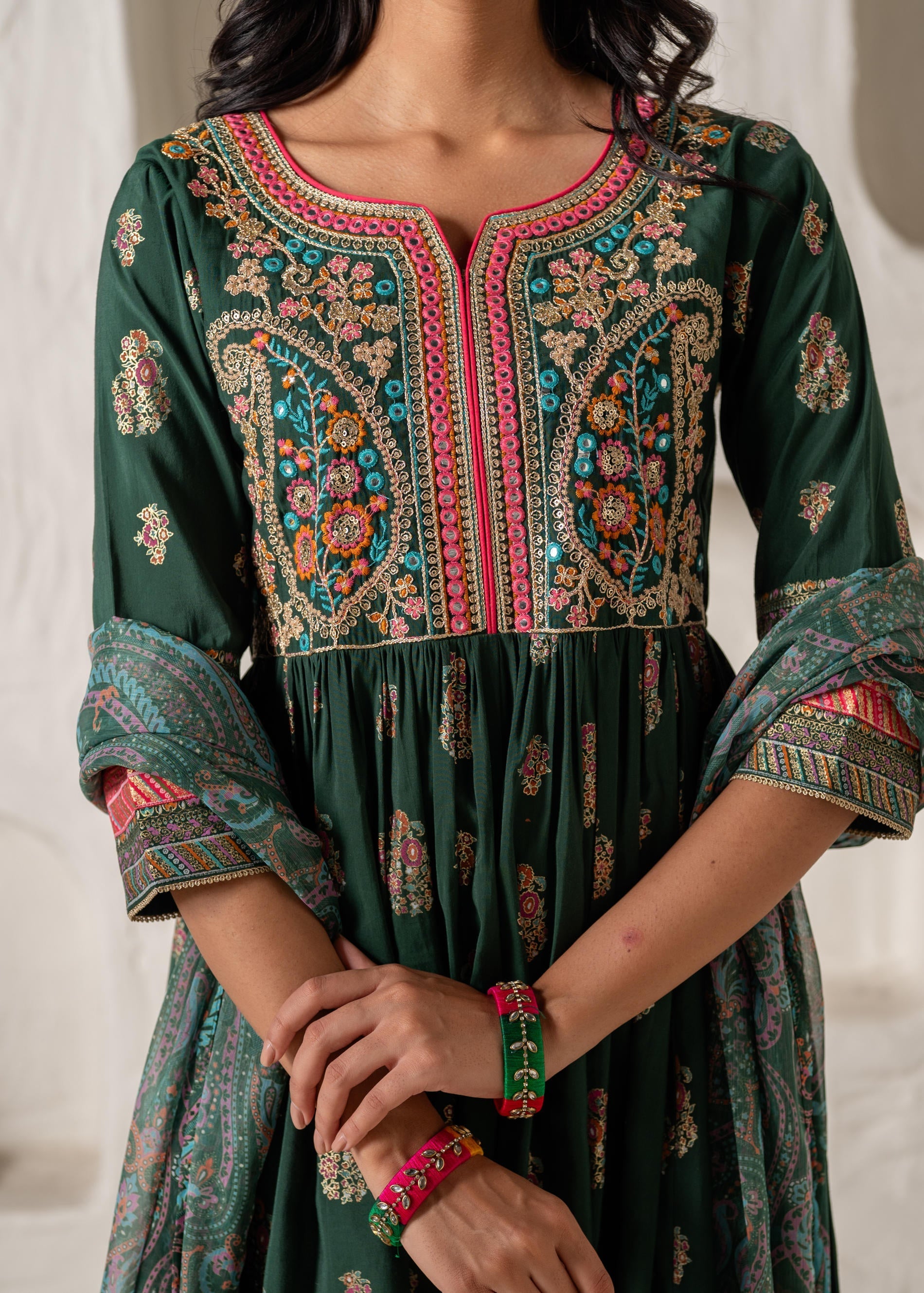 Juniper Jade Green Ethnic Motif Embroidered Fit & Flared Kurta Dupatta Set With Zari & Mirror Work - Distacart