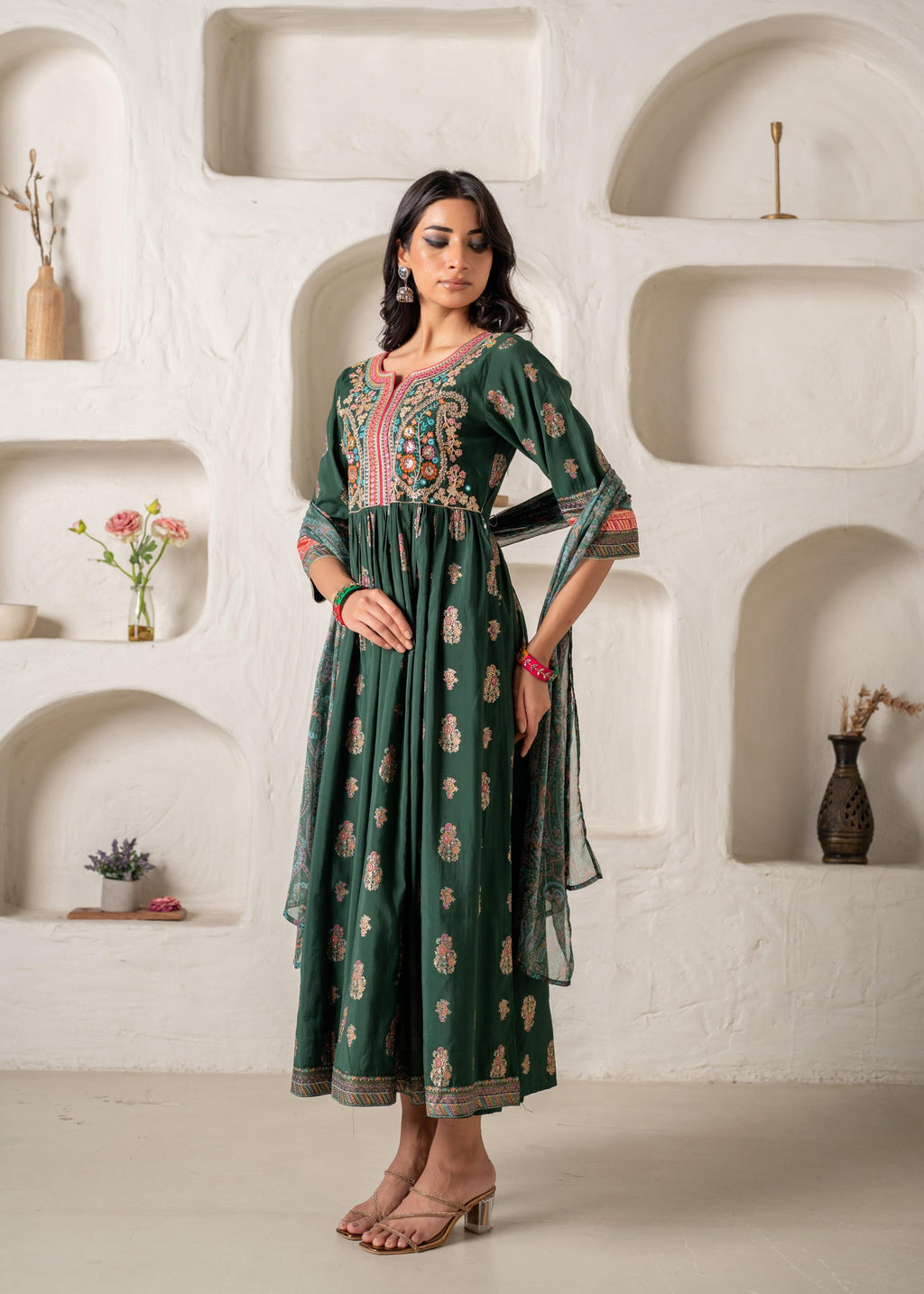 Juniper Jade Green Ethnic Motif Embroidered Fit & Flared Kurta Dupatta Set With Zari & Mirror Work - Distacart