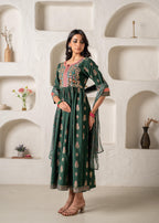 Juniper Jade Green Ethnic Motif Embroidered Fit & Flared Kurta Dupatta Set With Zari & Mirror Work - Distacart
