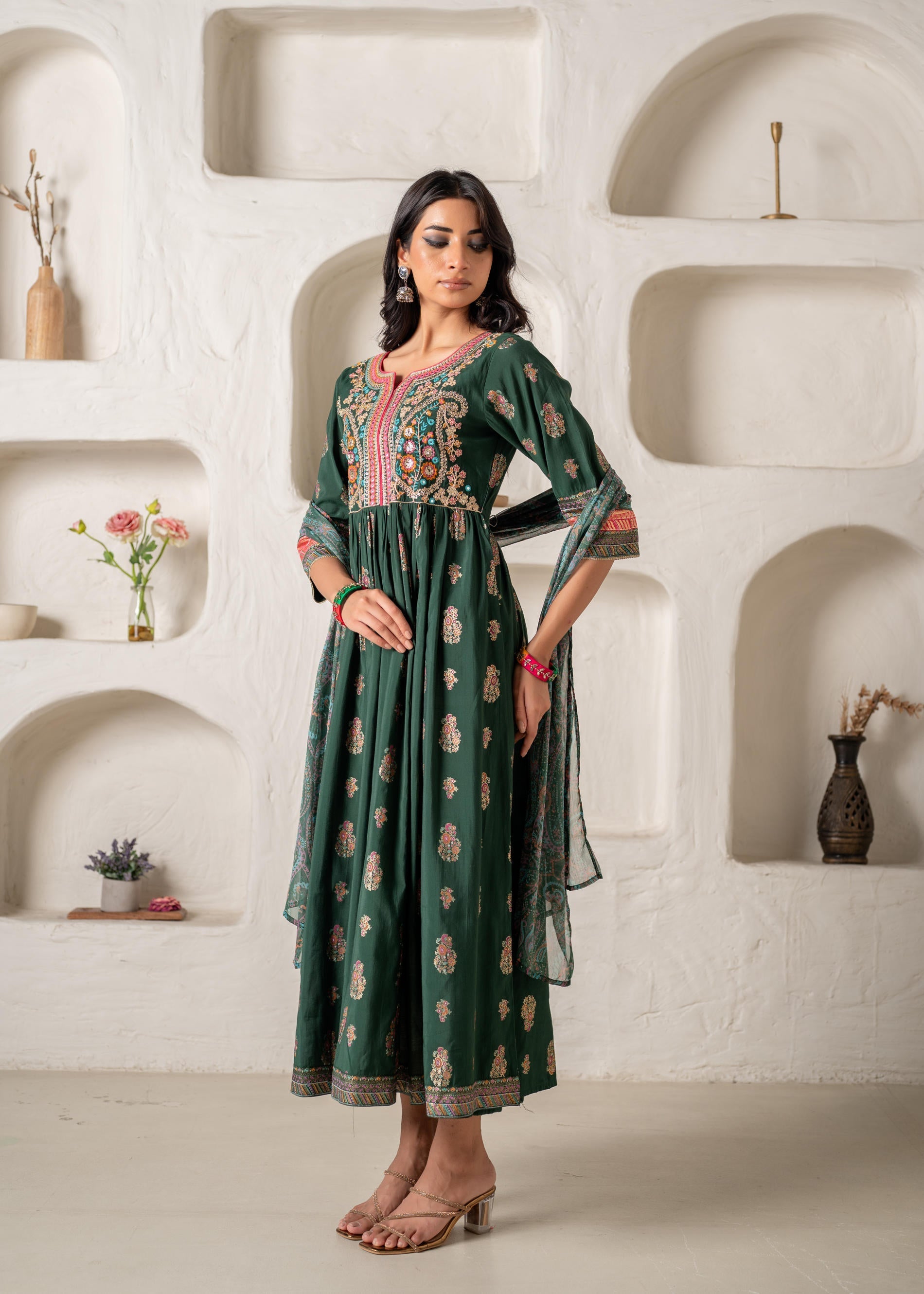 Juniper Jade Green Ethnic Motif Embroidered Fit & Flared Kurta Dupatta Set With Zari & Mirror Work - Distacart