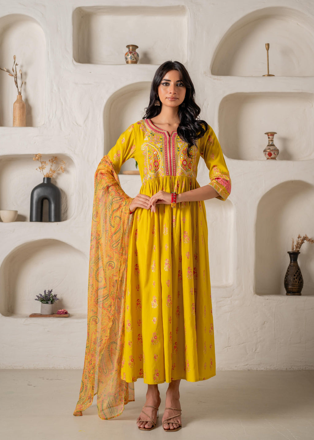 Juniper Mustard Yellow Embroidered Anarkali Kurta With Printed Dupatta - Distacart