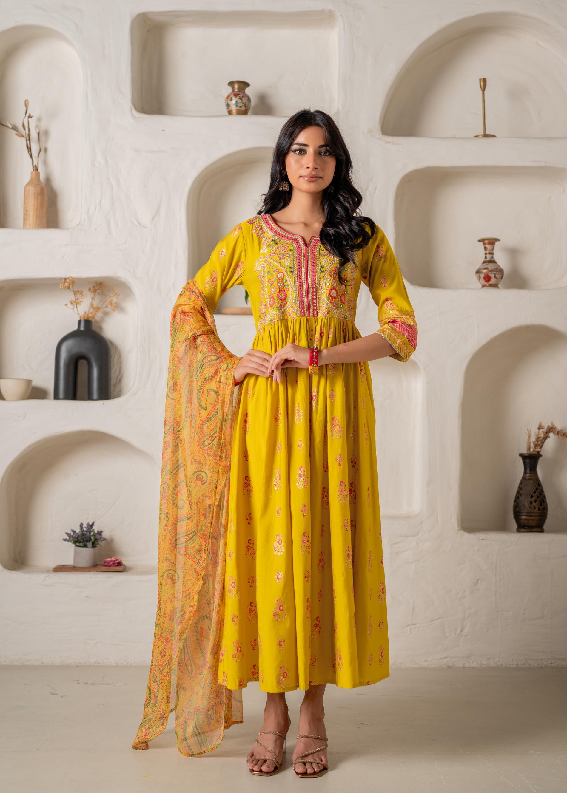 Juniper Mustard Yellow Embroidered Anarkali Kurta With Printed Dupatta - Distacart