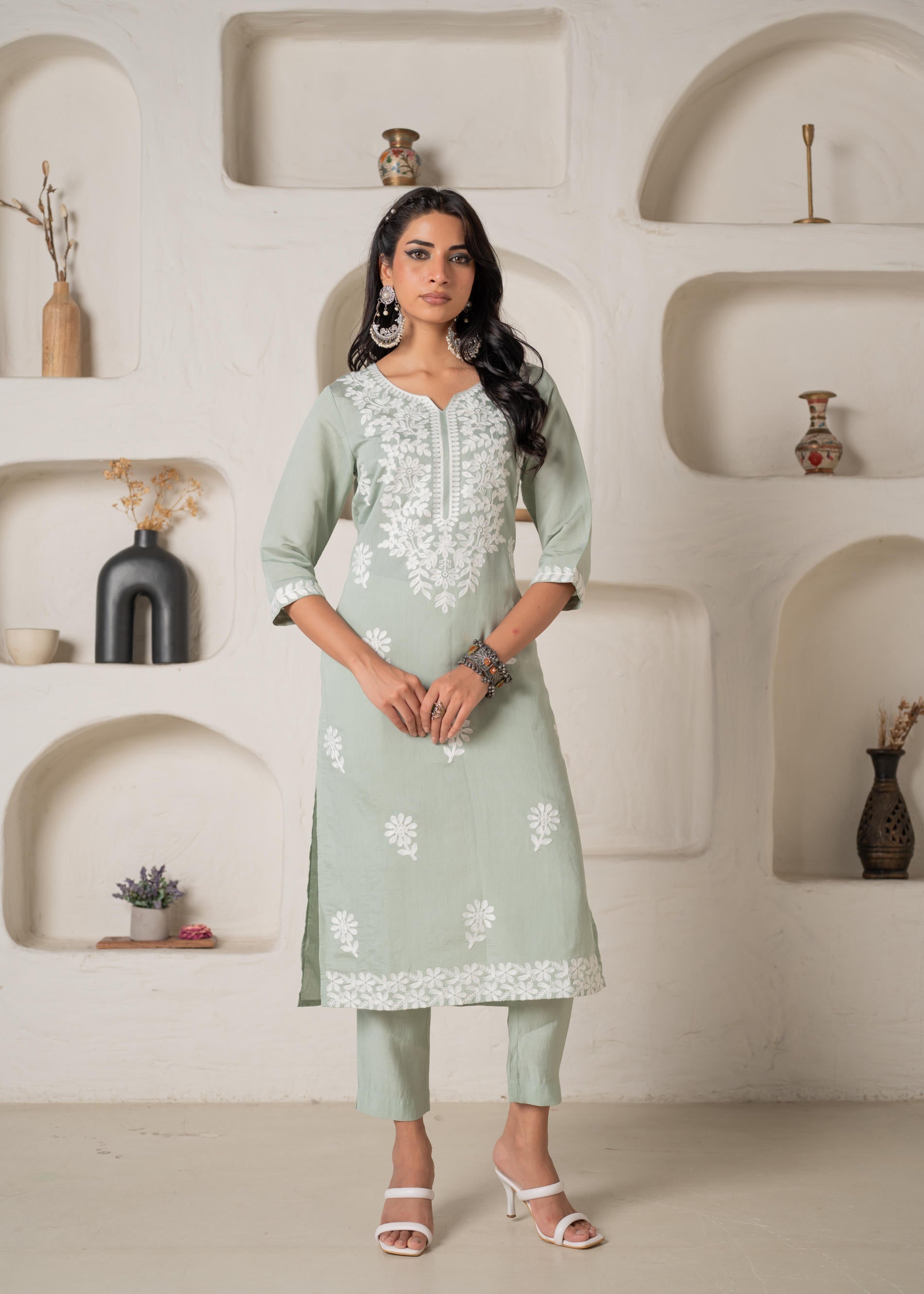 Juniper Mint Solid Embroidered Straight Kurta Pant Set With Thread Work - Distacart