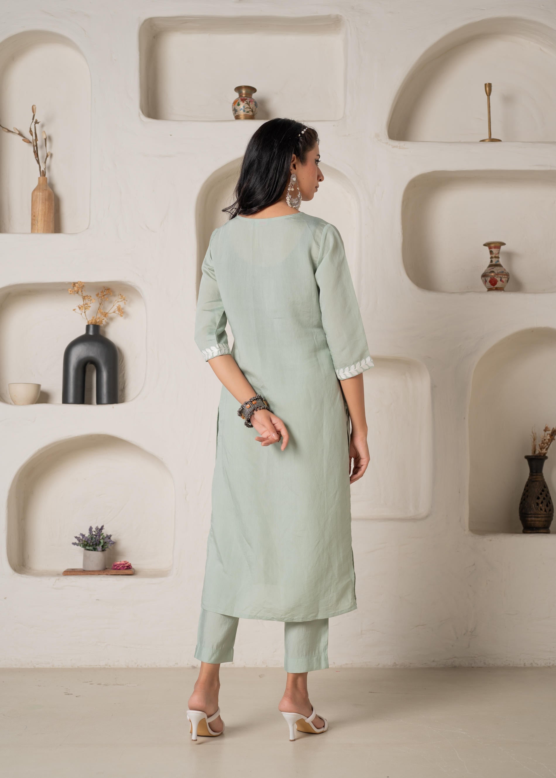 Juniper Mint Solid Embroidered Straight Kurta Pant Set With Thread Work - Distacart