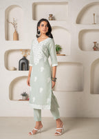 Juniper Mint Solid Embroidered Straight Kurta Pant Set With Thread Work - Distacart