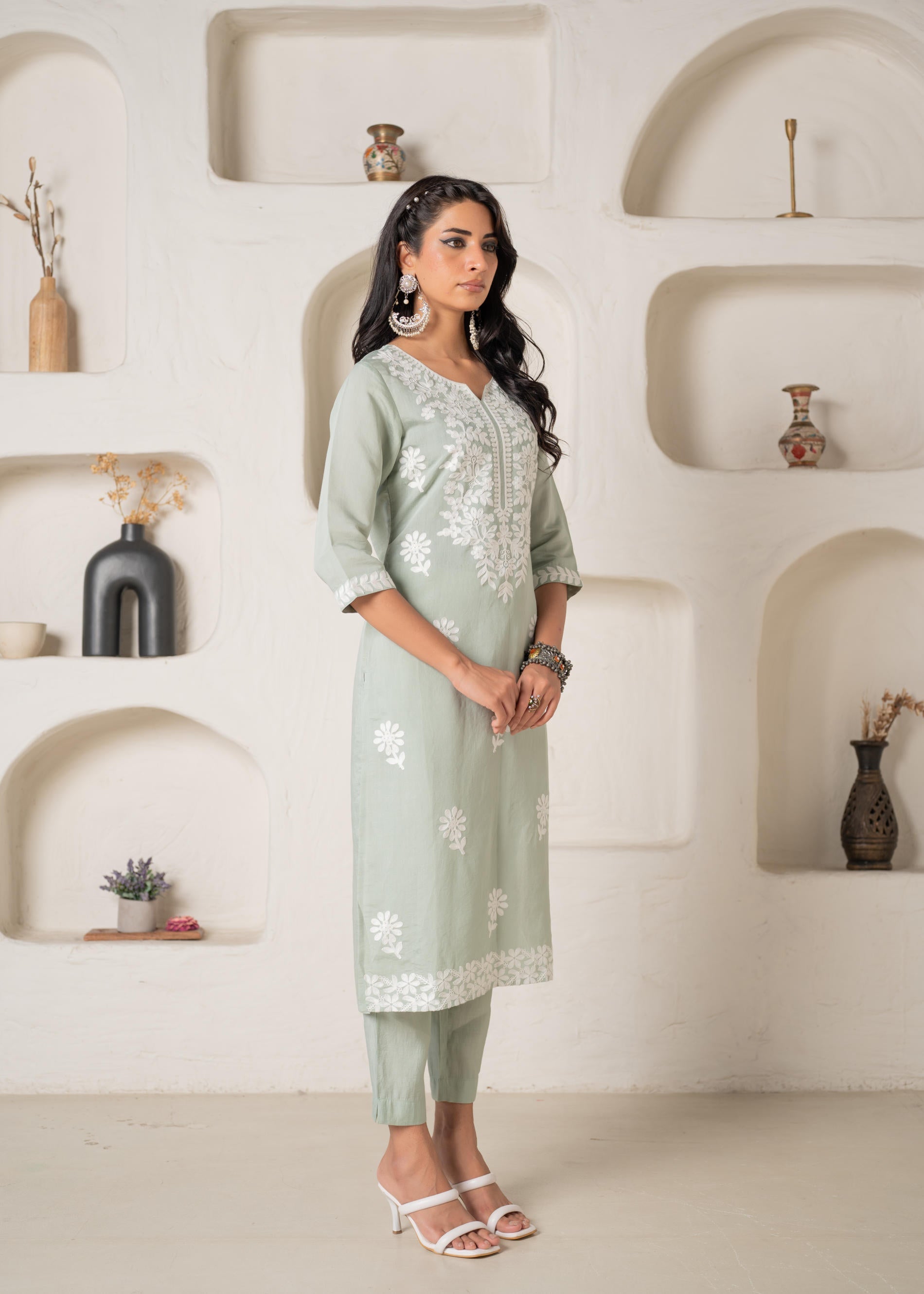 Juniper Mint Solid Embroidered Straight Kurta Pant Set With Thread Work - Distacart
