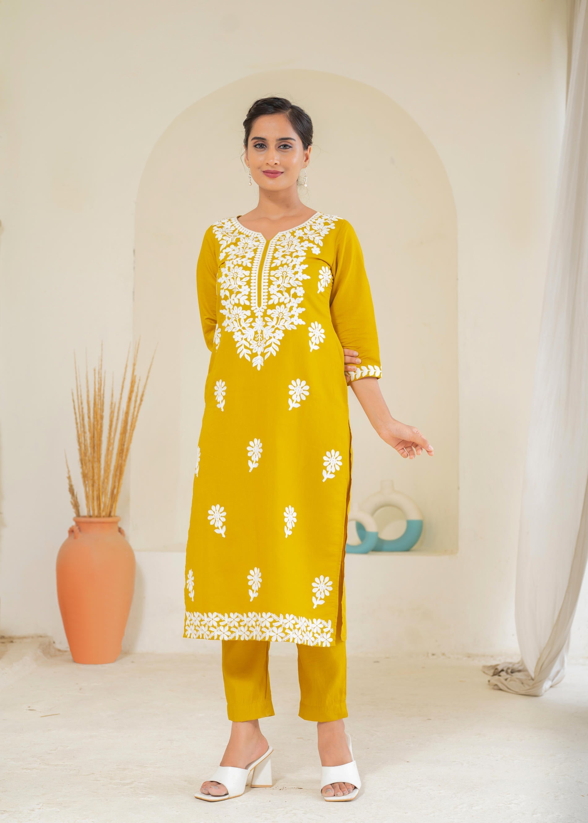 Juniper Mustard Solid Embroidered Straight Kurta Pant Set With Thread Work - Distacart