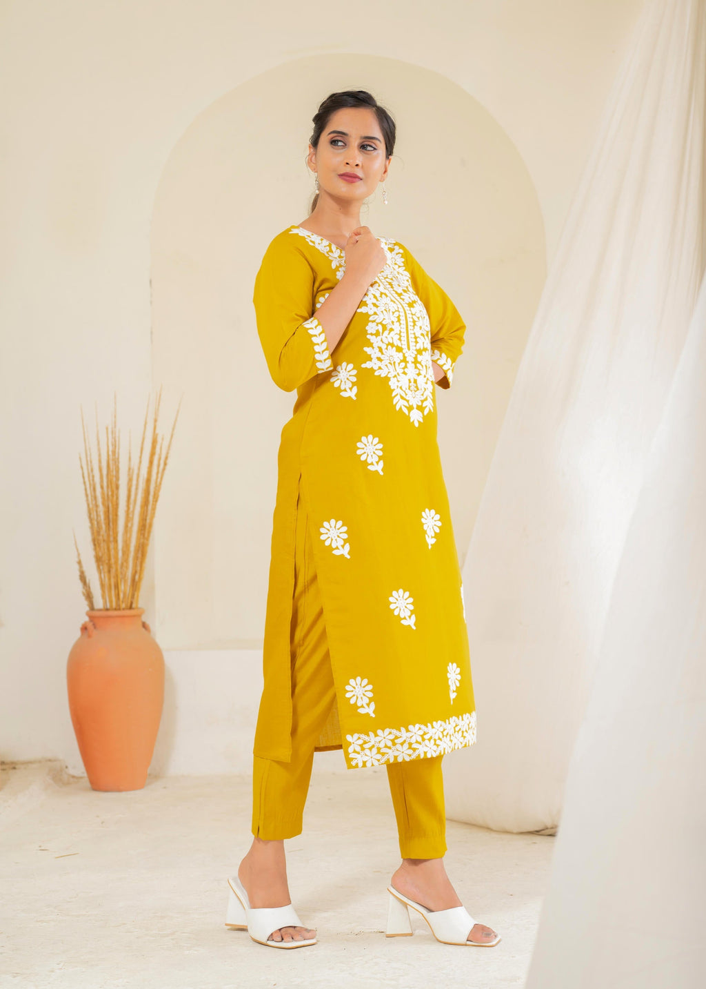 Juniper Mustard Solid Embroidered Straight Kurta Pant Set With Thread Work - Distacart