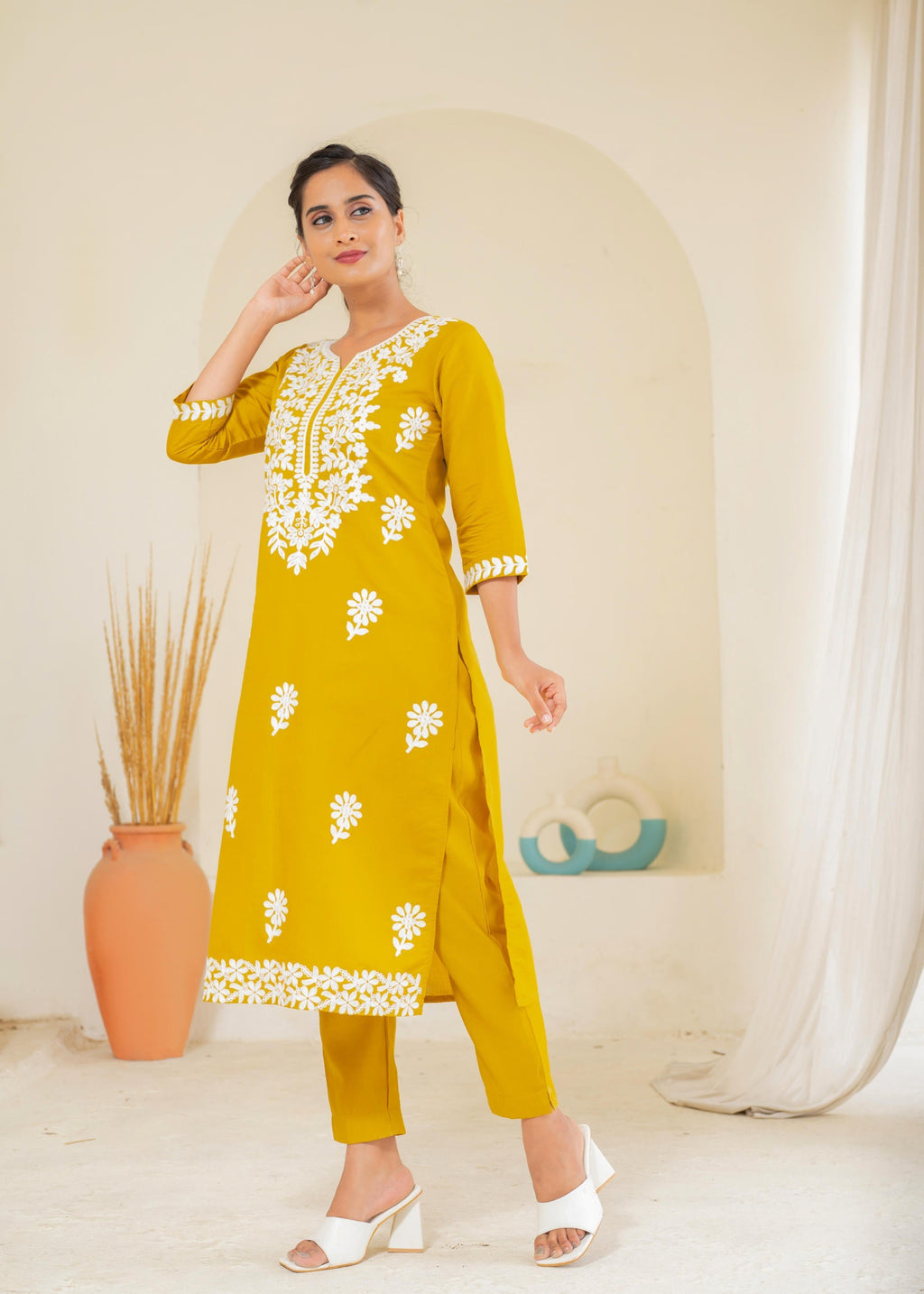 Juniper Mustard Solid Embroidered Straight Kurta Pant Set With Thread Work - Distacart