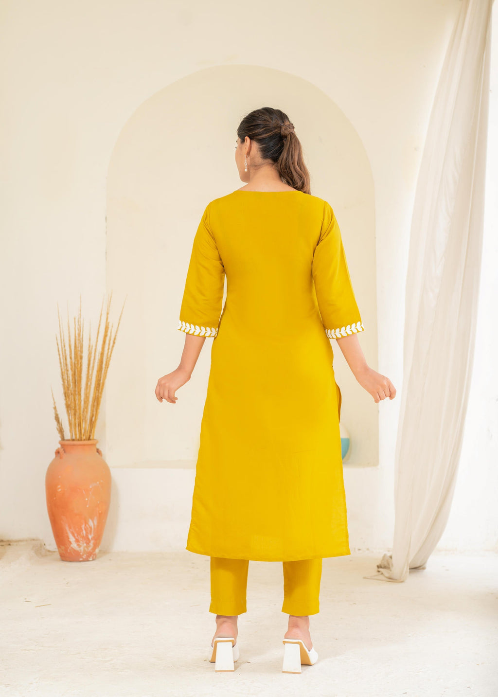 Juniper Mustard Solid Embroidered Straight Kurta Pant Set With Thread Work - Distacart