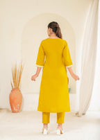 Juniper Mustard Solid Embroidered Straight Kurta Pant Set With Thread Work - Distacart