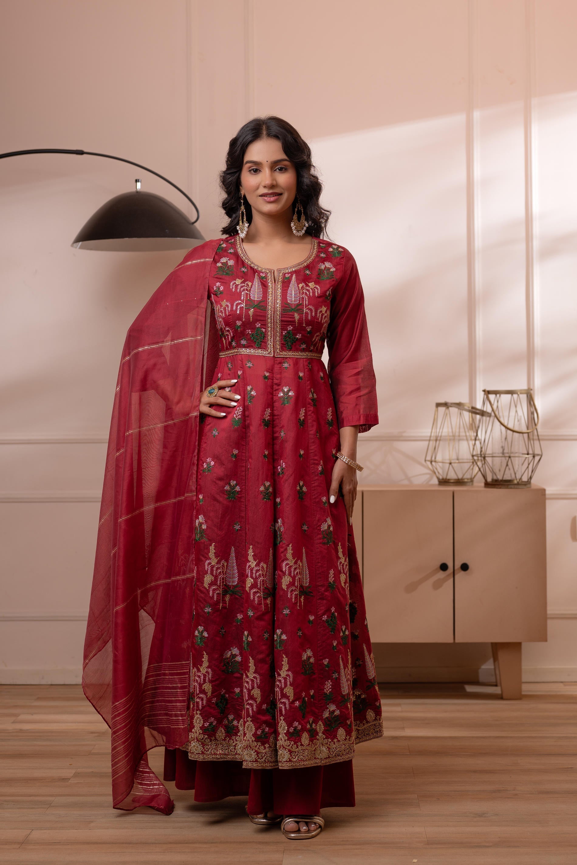Juniper Embroidered Maroon Long Kurta And Skirt With Dupatta - Distacart