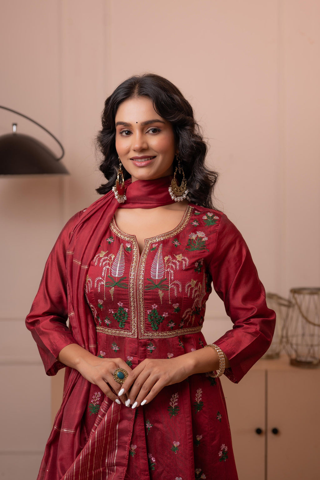 Juniper Embroidered Maroon Long Kurta And Skirt With Dupatta - Distacart