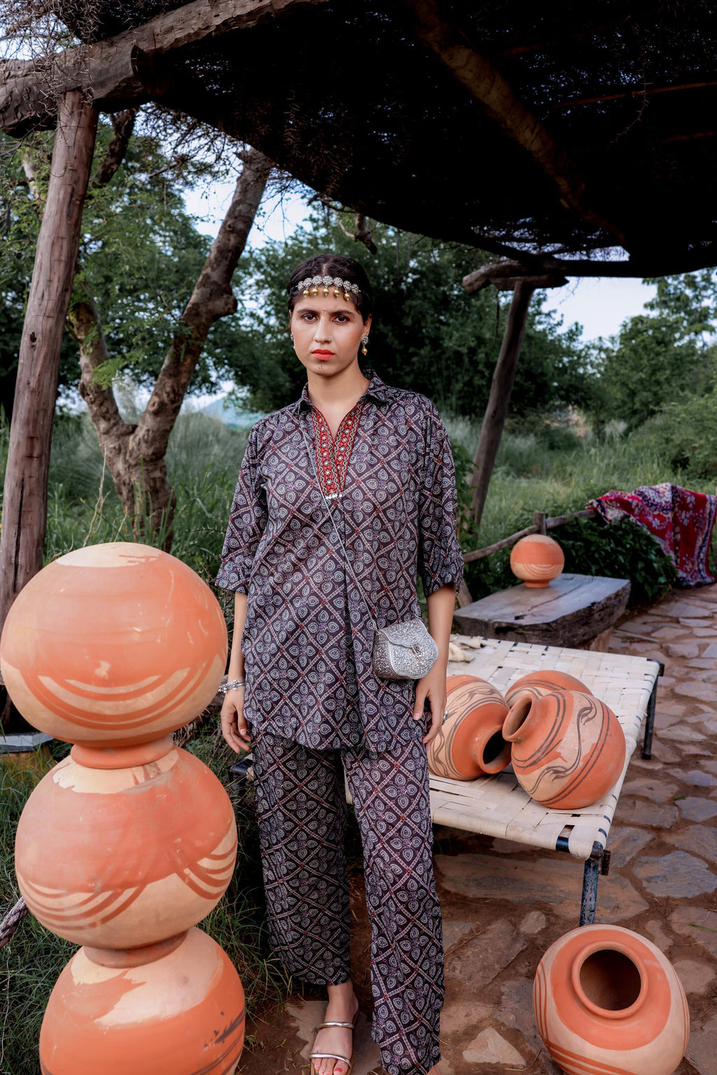 Juniper Black Floral Embroidered Co-Ord Set With Tunic & Printed Pants - Distacart