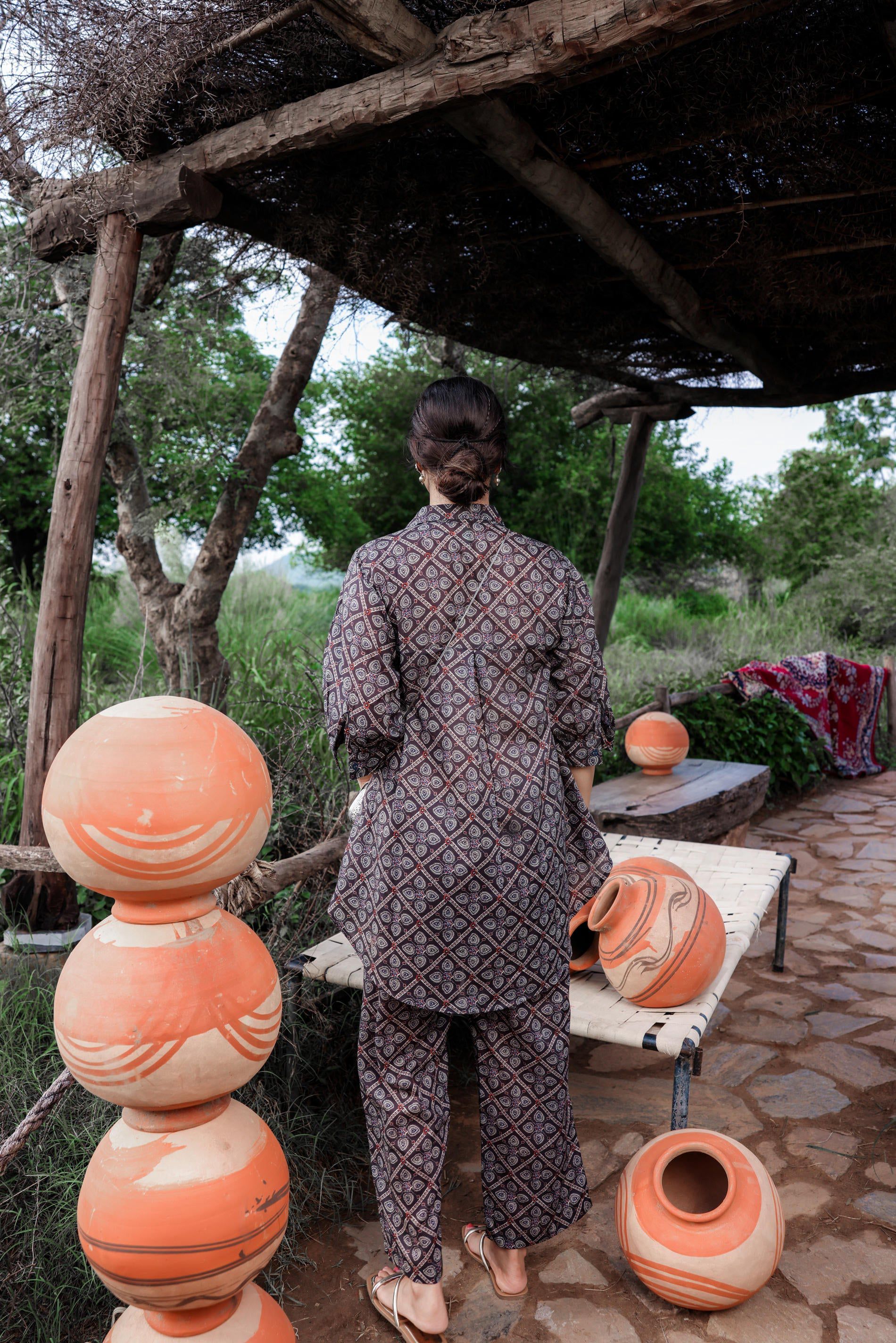 Juniper Black Floral Embroidered Co-Ord Set With Tunic & Printed Pants - Distacart
