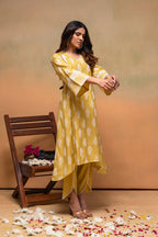 Juniper Viscose Yellow Embroidered Kurta Pant Co-Ordset With Thread Work & Lace - Distacart