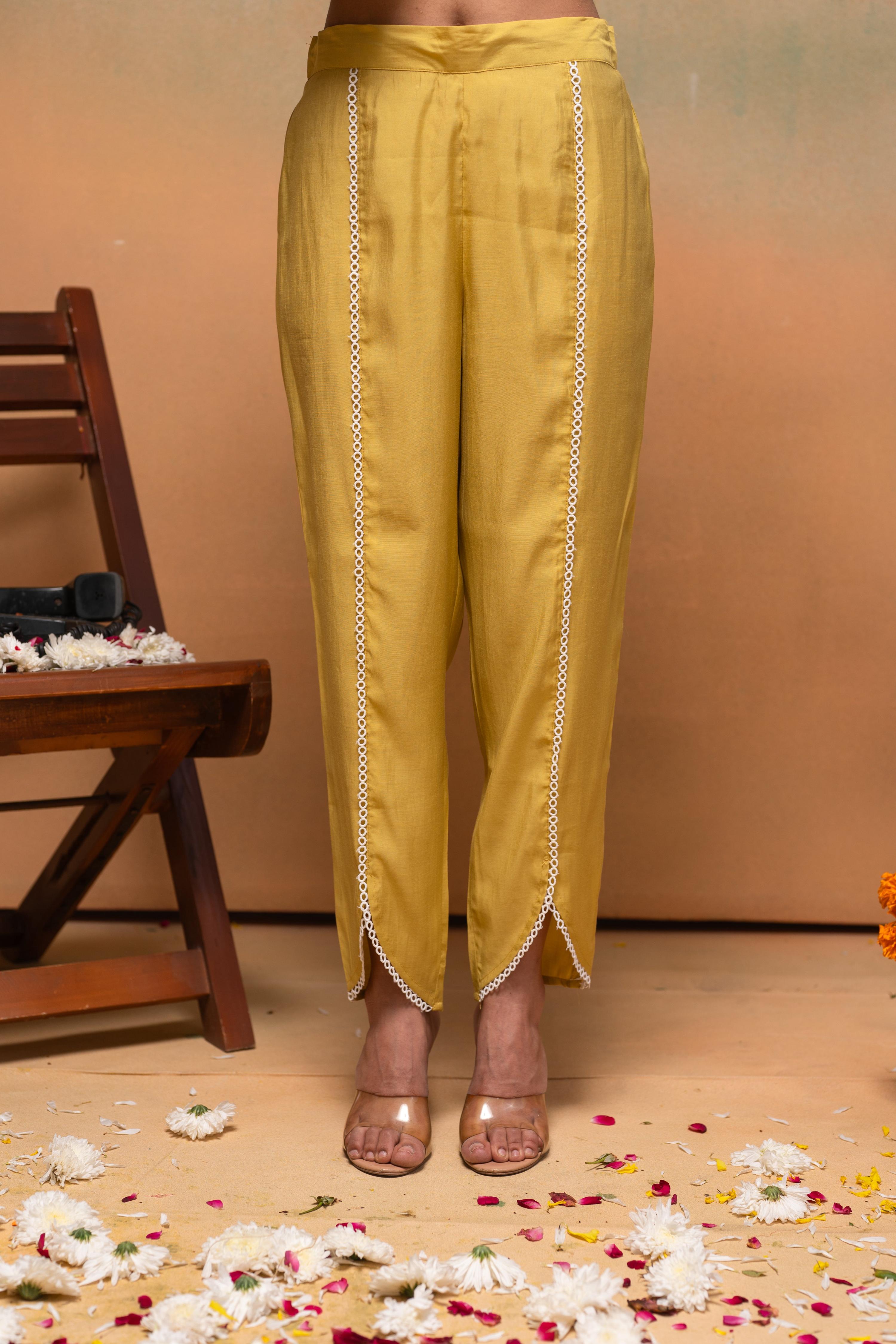 Juniper Viscose Yellow Embroidered Kurta Pant Co-Ordset With Thread Work & Lace - Distacart