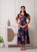 Juniper Navy Blue Floral Printed Fit & Flare Maxi Dress - Distacart