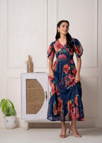Juniper Navy Blue Floral Printed Fit & Flare Maxi Dress - Distacart