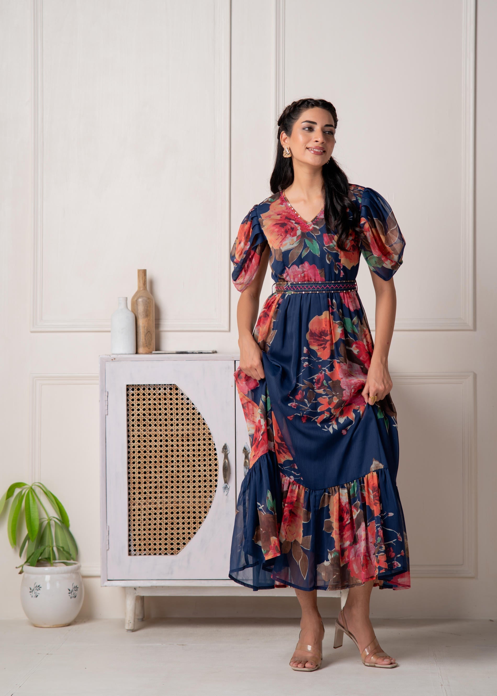 Juniper Navy Blue Floral Printed Fit & Flare Maxi Dress - Distacart