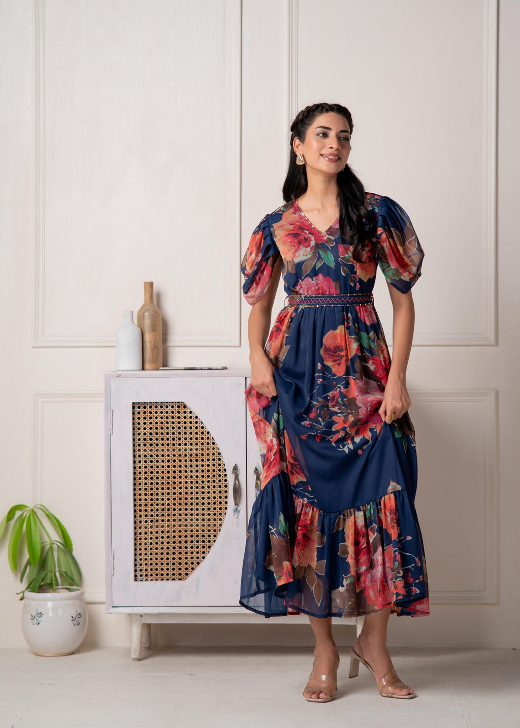 Juniper Navy Blue Floral Printed Fit & Flare Maxi Dress - Distacart