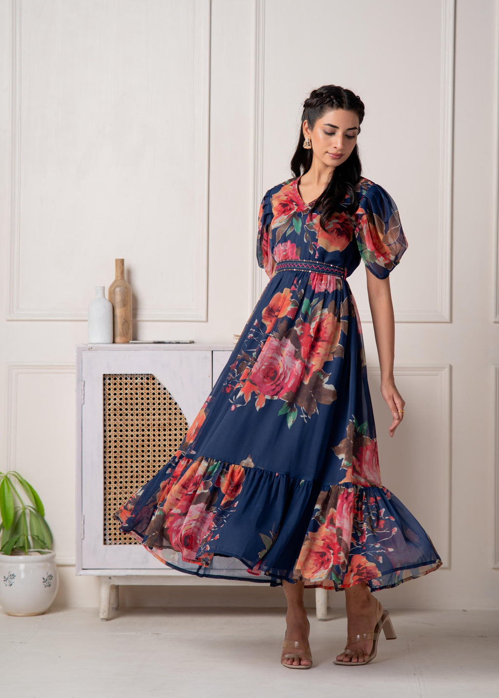 Juniper Navy Blue Floral Printed Fit & Flare Maxi Dress - Distacart