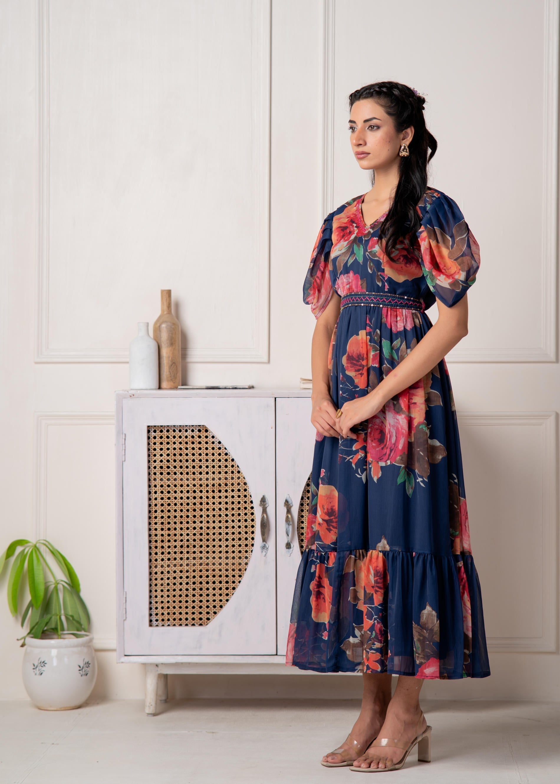 Juniper Navy Blue Floral Printed Fit & Flare Maxi Dress - Distacart