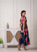 Juniper Navy Blue Floral Printed Fit & Flare Maxi Dress - Distacart