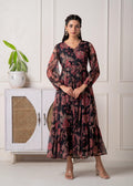 Juniper Floral Printed Black Dress With Sheer Sleeves & Beaded Waist Detailing - Distacart