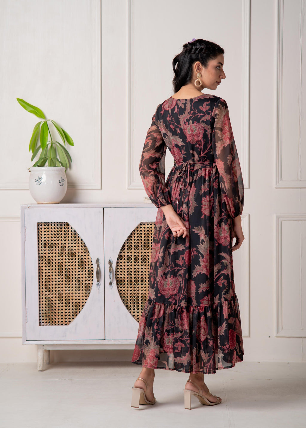 Juniper Floral Printed Black Dress With Sheer Sleeves & Beaded Waist Detailing - Distacart
