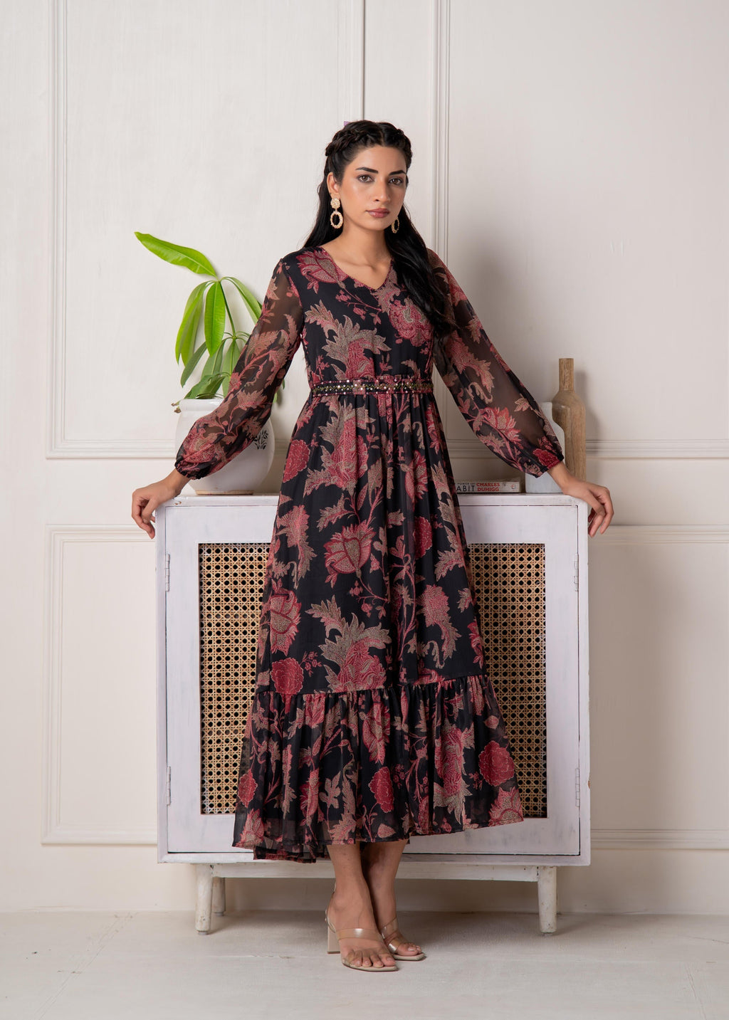 Juniper Floral Printed Black Dress With Sheer Sleeves & Beaded Waist Detailing - Distacart