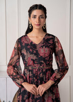Juniper Floral Printed Black Dress With Sheer Sleeves & Beaded Waist Detailing - Distacart