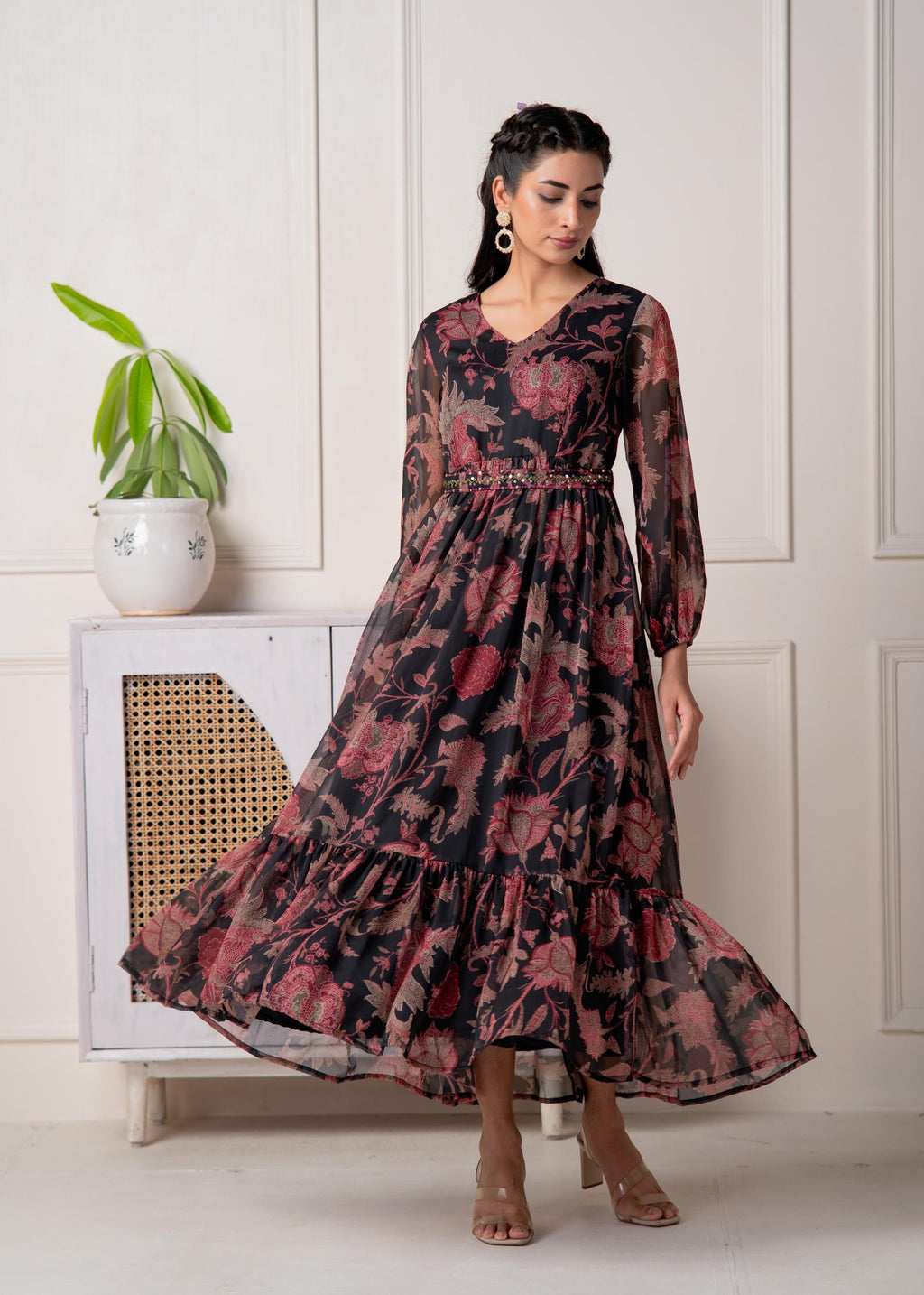 Juniper Floral Printed Black Dress With Sheer Sleeves & Beaded Waist Detailing - Distacart