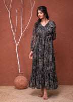 Juniper Floral Printed Dress With Sheer Sleeves & Beaded Waist Detailing - Distacart