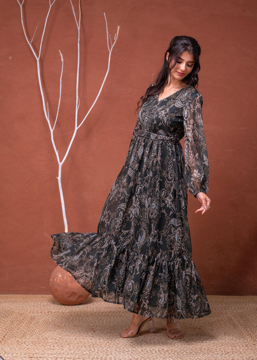 Juniper Floral Printed Dress With Sheer Sleeves & Beaded Waist Detailing - Distacart
