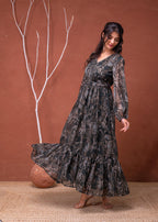 Juniper Floral Printed Dress With Sheer Sleeves & Beaded Waist Detailing - Distacart