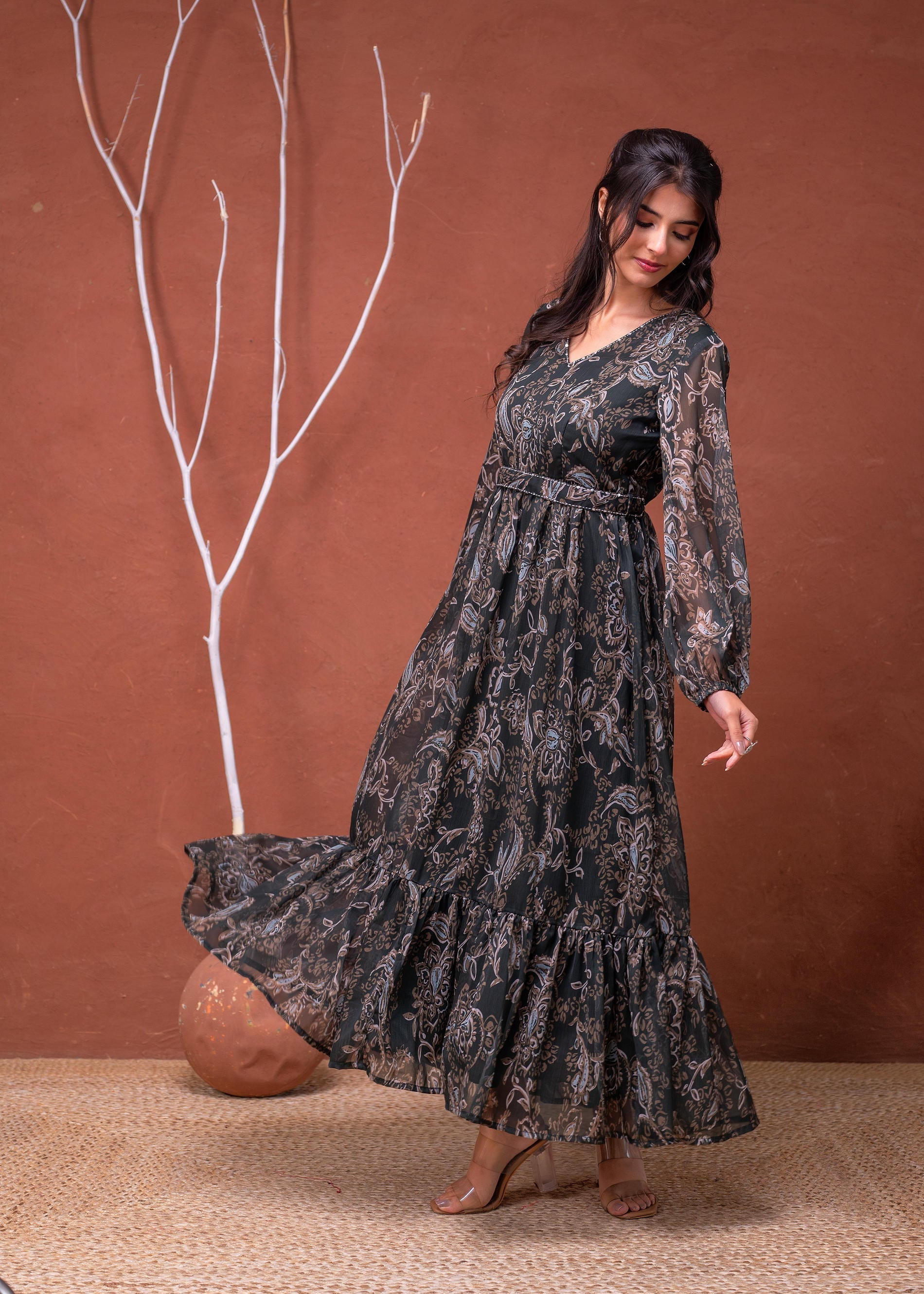 Juniper Floral Printed Dress With Sheer Sleeves & Beaded Waist Detailing - Distacart