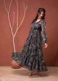 Juniper Floral Green Printed Dress With Sheer Sleeves & Beaded Waist Detailing - Distacart