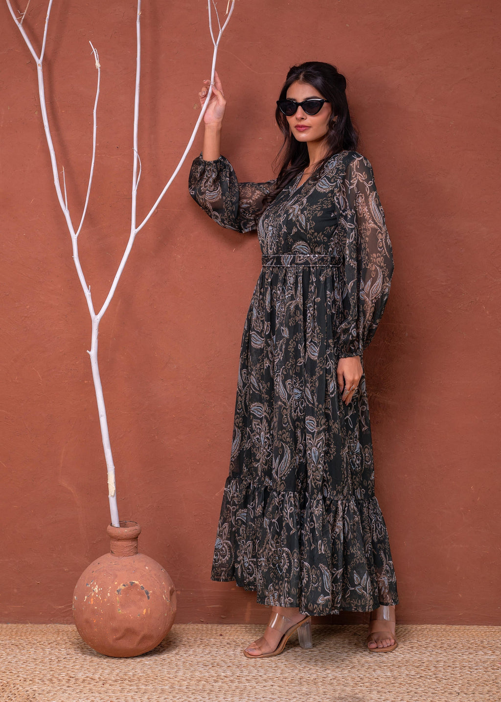 Juniper Floral Printed Dress With Sheer Sleeves & Beaded Waist Detailing - Distacart