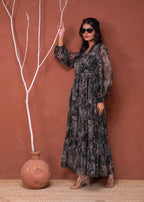 Juniper Floral Printed Dress With Sheer Sleeves & Beaded Waist Detailing - Distacart