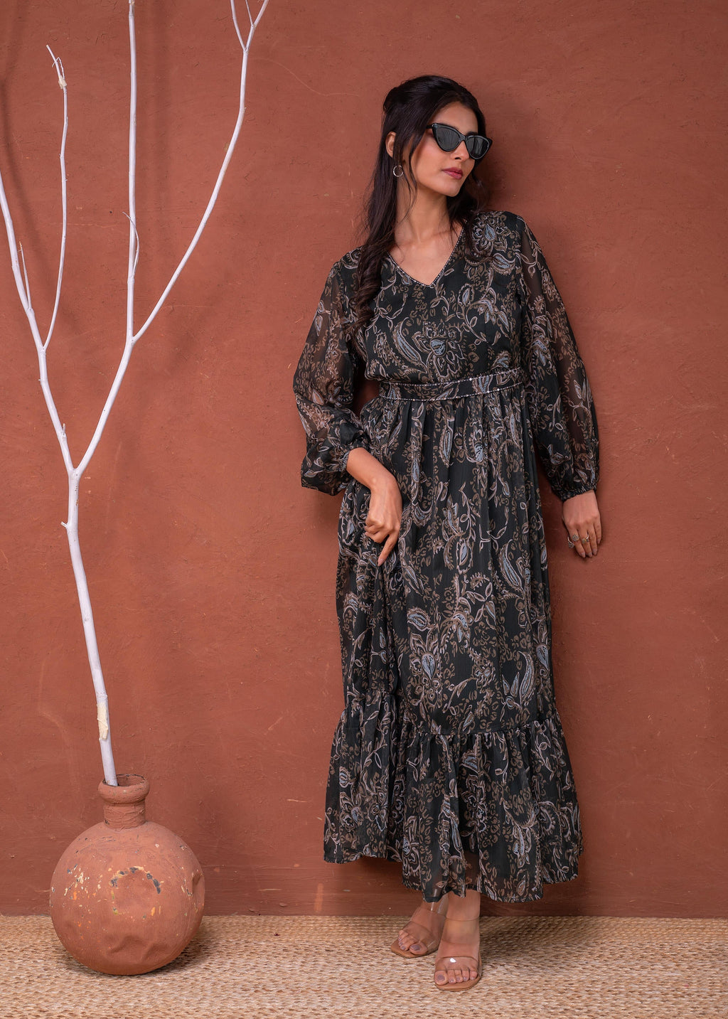 Juniper Floral Printed Dress With Sheer Sleeves & Beaded Waist Detailing - Distacart