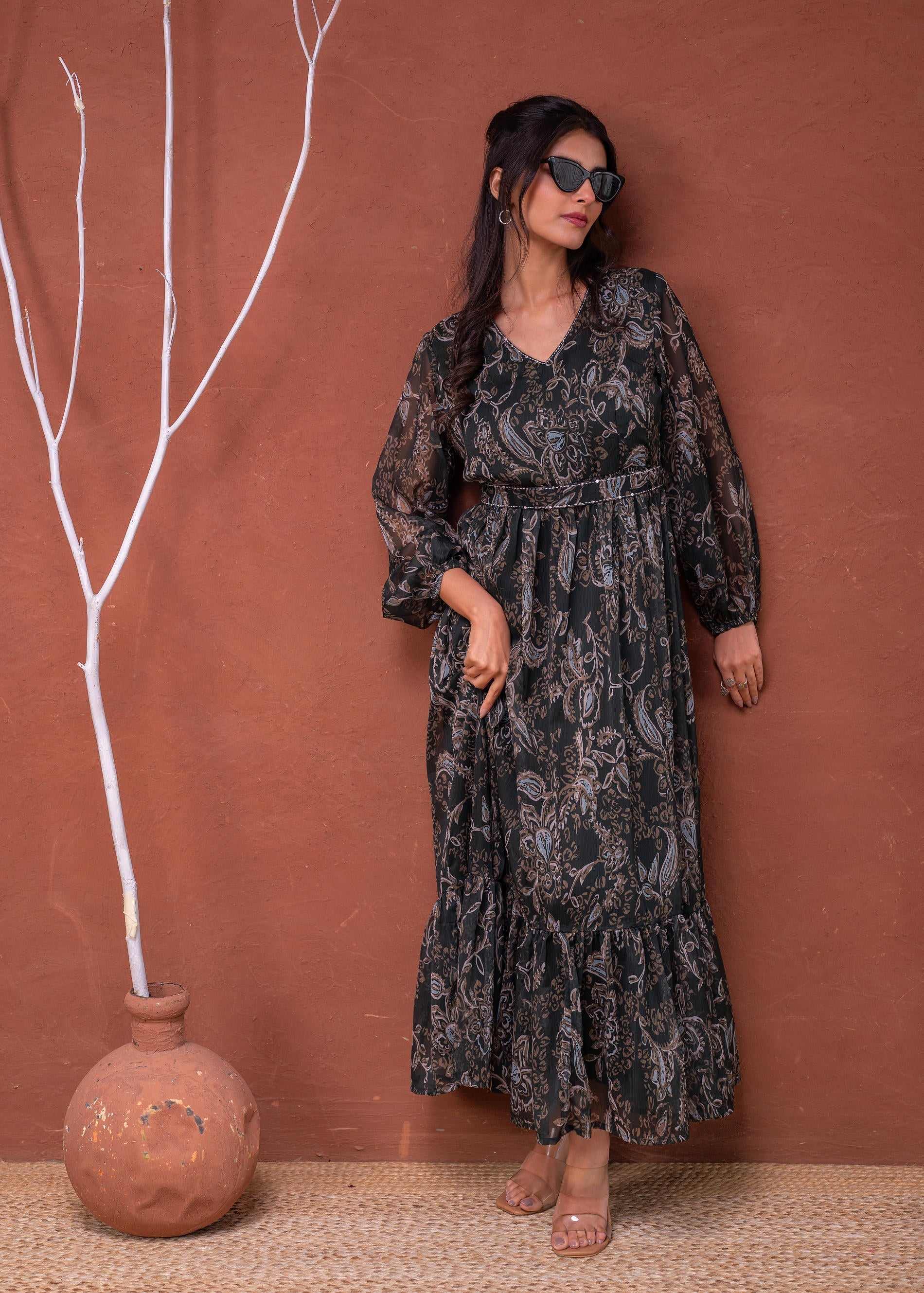 Juniper Floral Green Printed Dress With Sheer Sleeves & Beaded Waist Detailing - Distacart