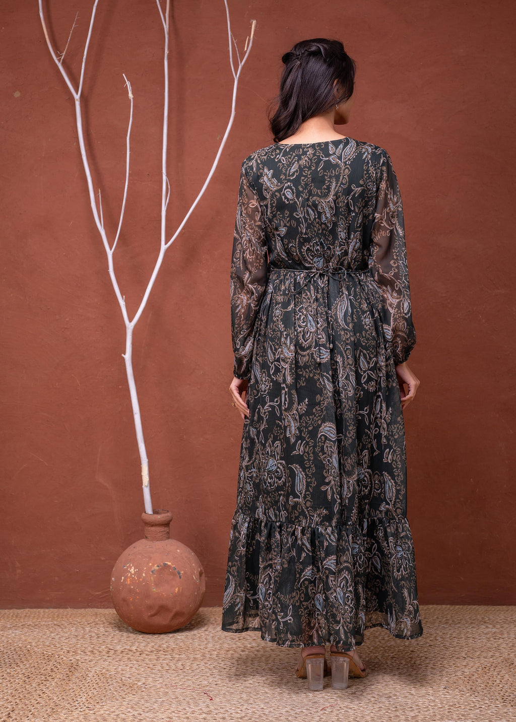 Juniper Floral Printed Dress With Sheer Sleeves & Beaded Waist Detailing - Distacart